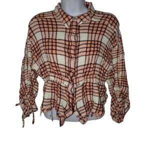 We The Free Women's Plaid Flannel Snap Button Down Crop Top Large Distressed